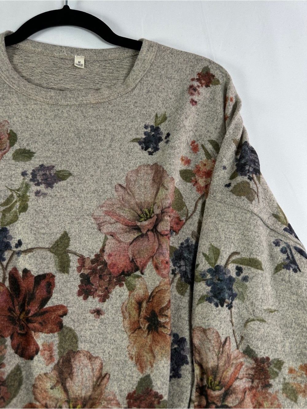 Floral Boxy Crewneck Sweatshirt Oatmeal Heather Grey M - Picture 3 of 7